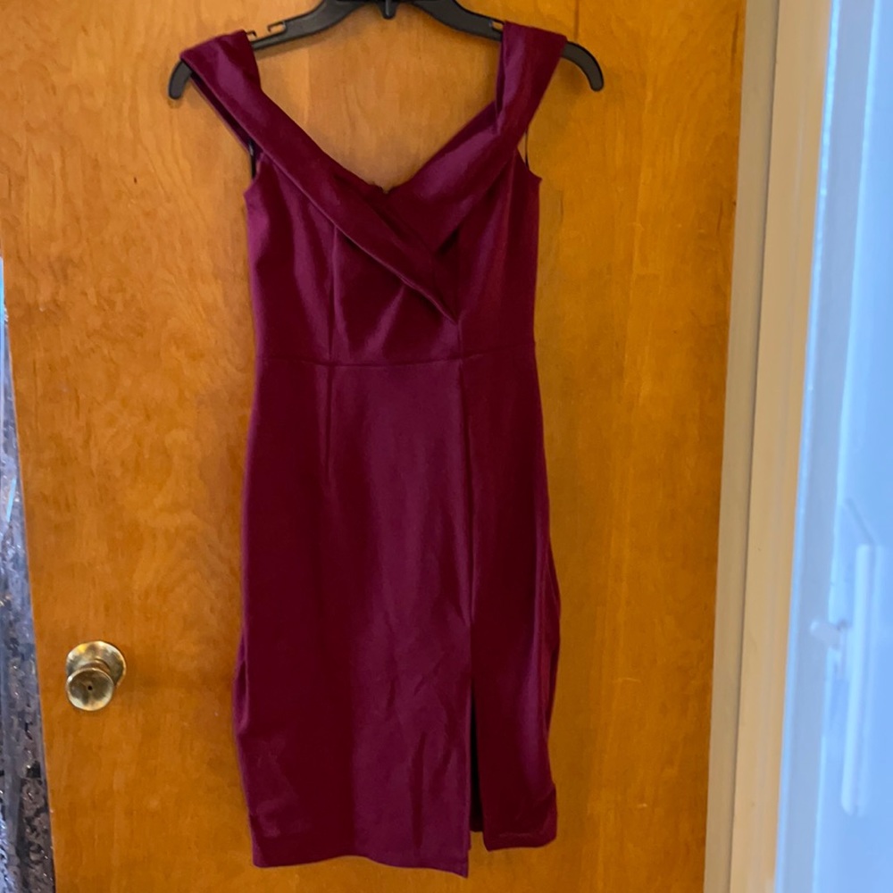 Wine colored midi dress.